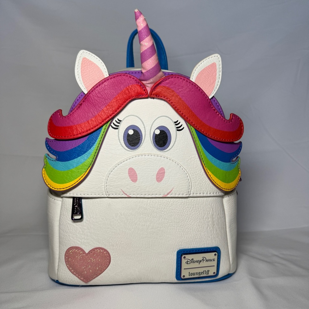 Disney Loungefly White Inside Out Unicorn Backpack with Rainbow Mane
